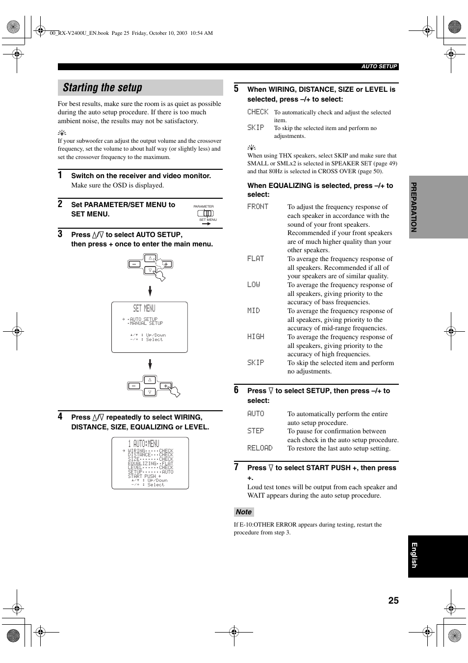 Starting the setup, 1 auto:menu, Set menu | Yamaha RX-V2400 User Manual | Page 29 / 94