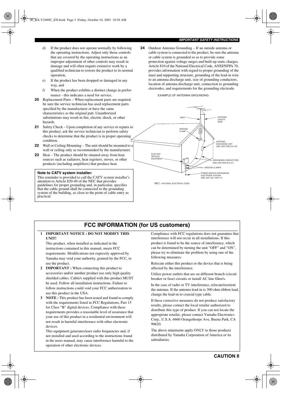 Fcc information (for us customers), Caution ii | Yamaha RX-V2400 User Manual | Page 3 / 94