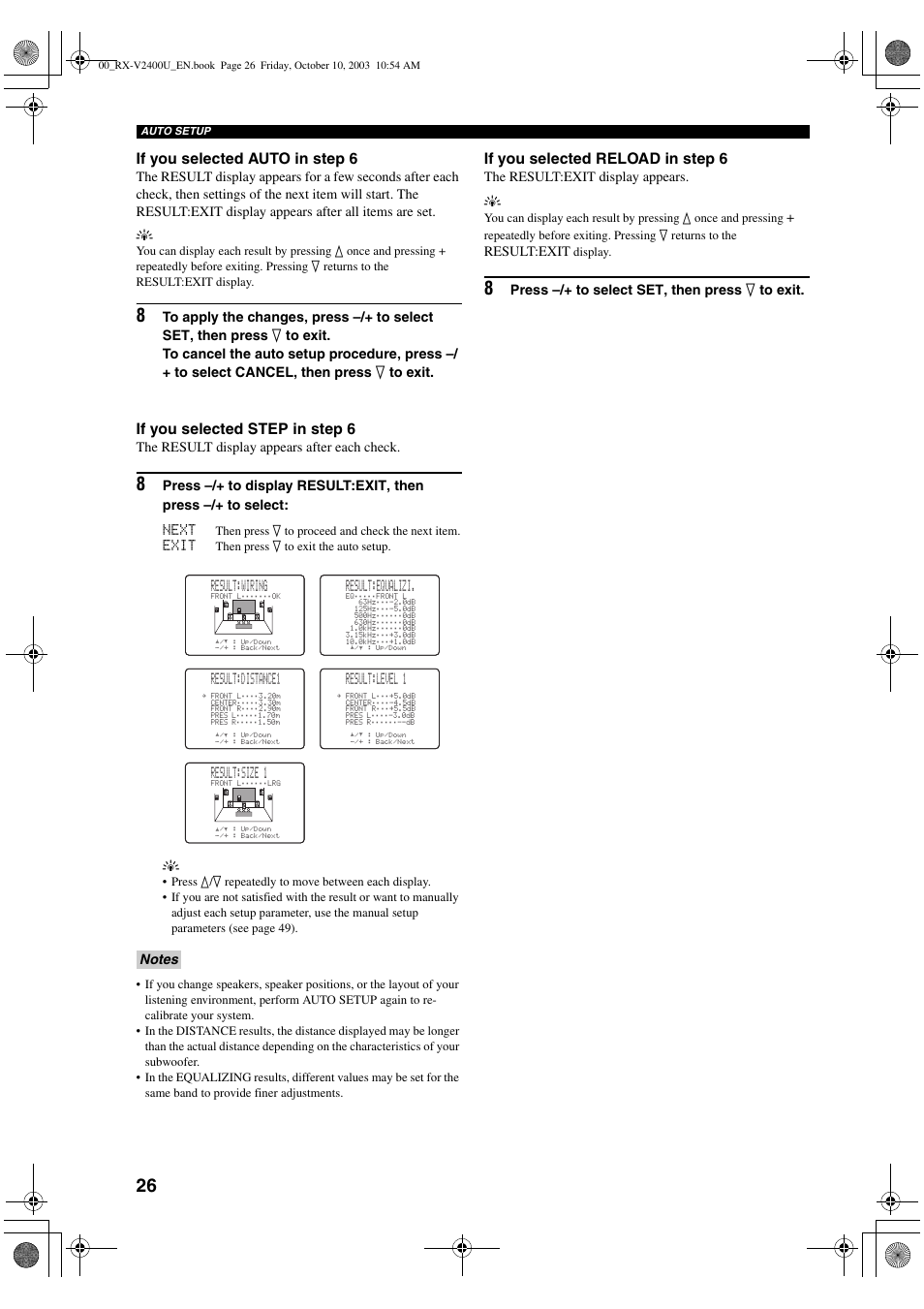 If you selected auto in step 6, If you selected step in step 6, If you selected reload in step 6 | Result:wiring, Result:distance1, Result:size 1, Result:equalizi, Result:level 1, The result display appears after each check, Exit | Yamaha RX-V2400 User Manual | Page 30 / 94