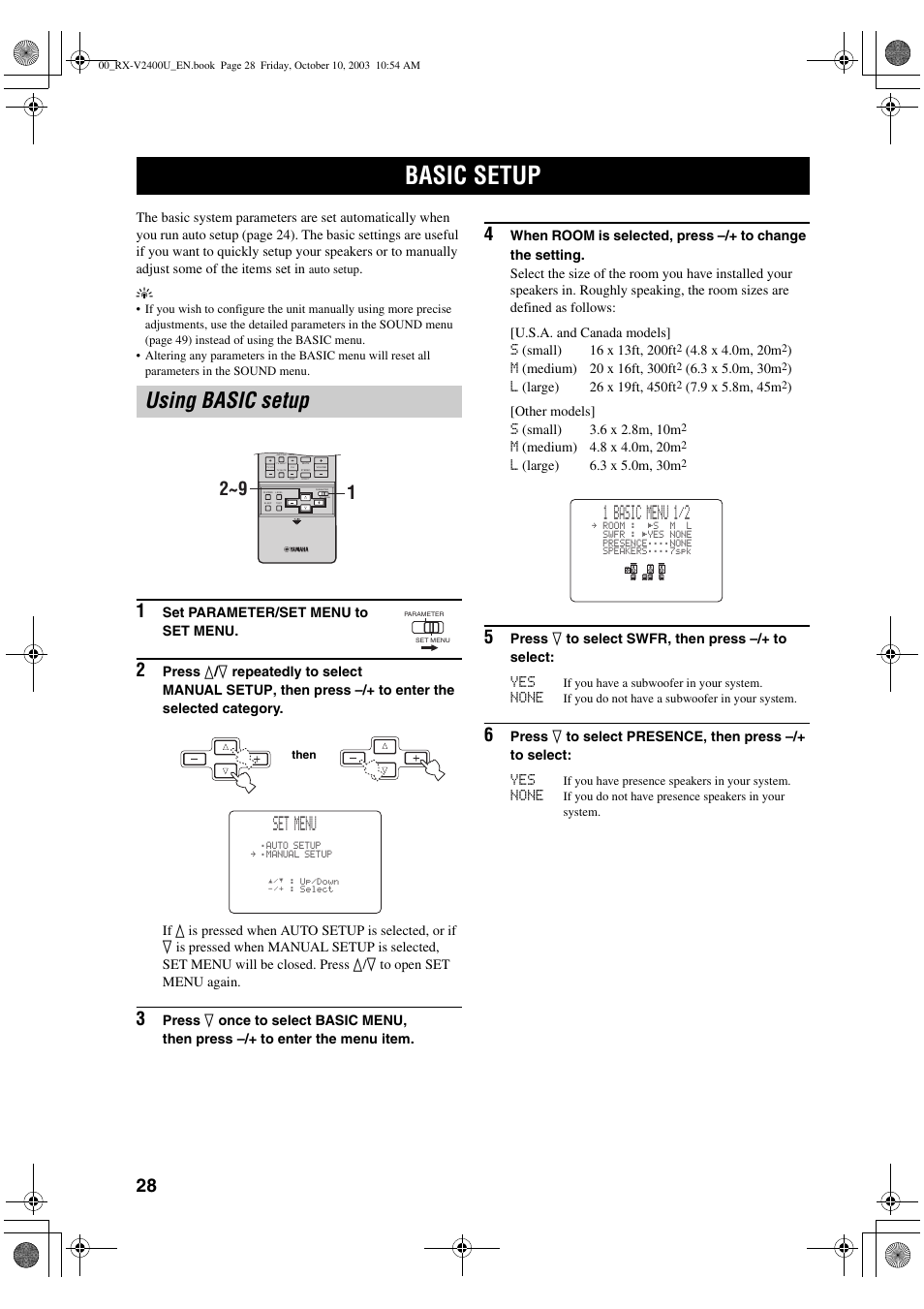 Basic setup, Using basic setup, Set menu | 1 basic menu 1/2 | Yamaha RX-V2400 User Manual | Page 32 / 94