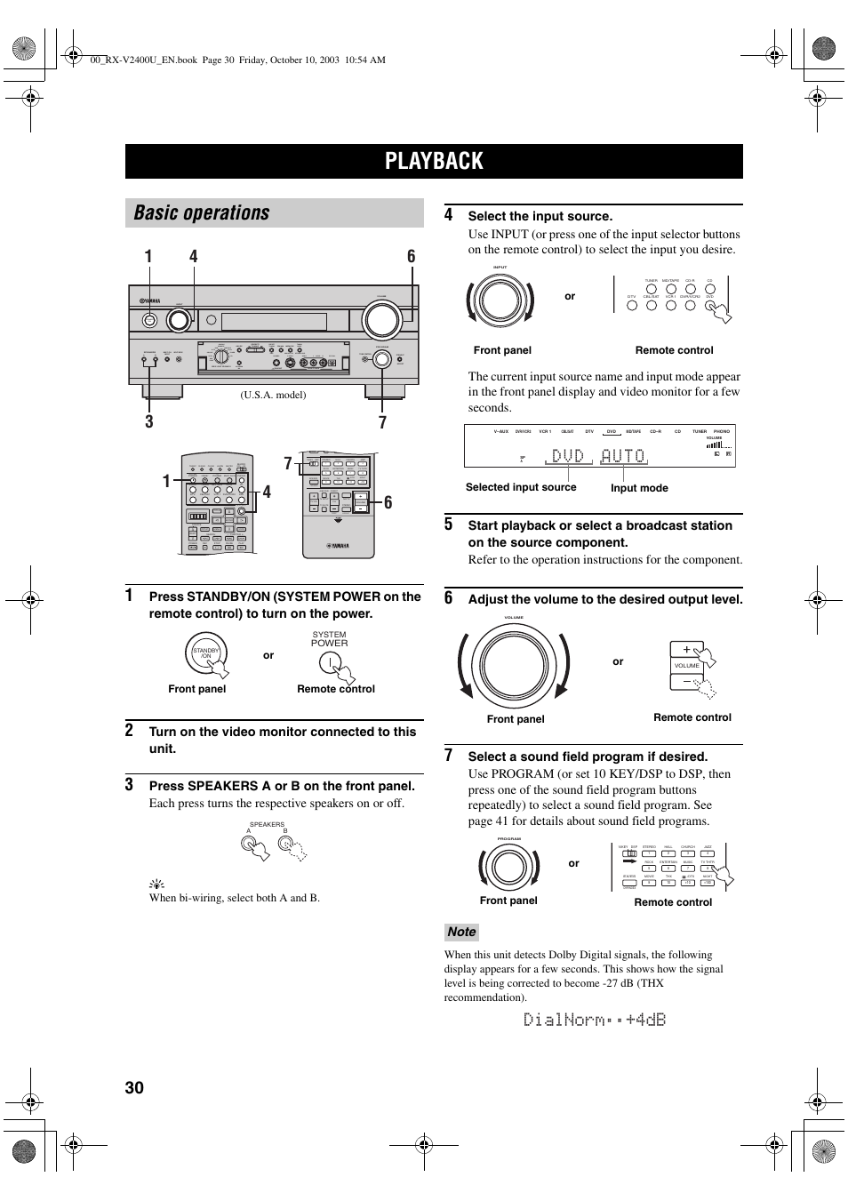 Basic operation, Basic operations, Dialnorm;;+4db | Turn on the video monitor connected to this unit, Adjust the volume to the desired output level, When bi-wiring, select both a and b, U.s.a. model), Front panel remote control or, Selected input source input mode, Or remote control front panel | Yamaha RX-V2400 User Manual | Page 34 / 94