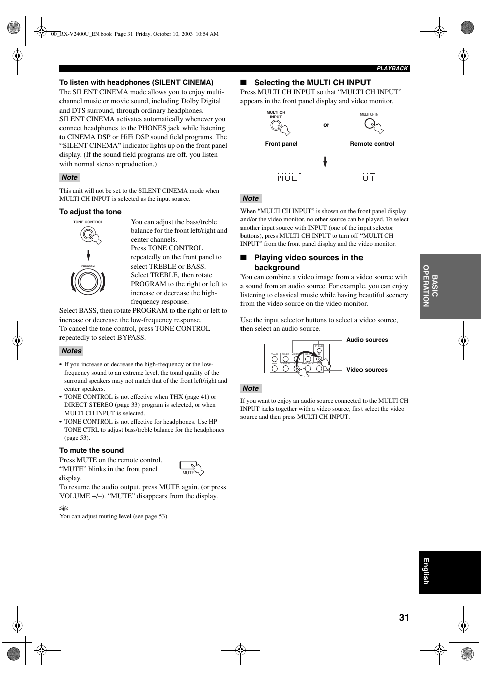 Selecting the multi ch input, Playing video sources in the background | Yamaha RX-V2400 User Manual | Page 35 / 94