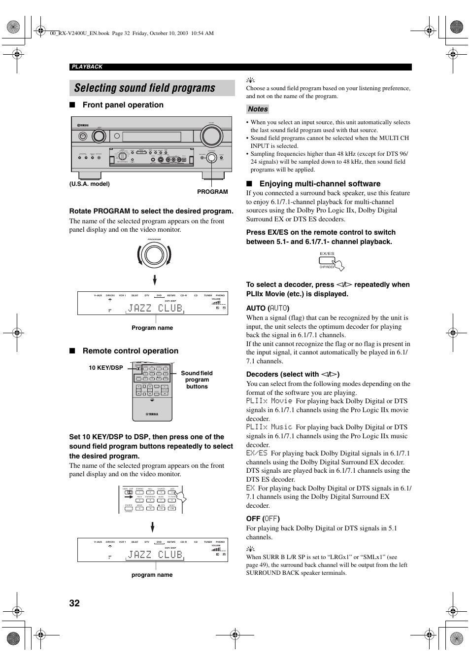 Selecting sound field programs, Jazz club, Front panel operation | Remote control operation, Enjoying multi-channel software, Program (u.s.a. model), Program name, Sound field program buttons 10 key/dsp | Yamaha RX-V2400 User Manual | Page 36 / 94