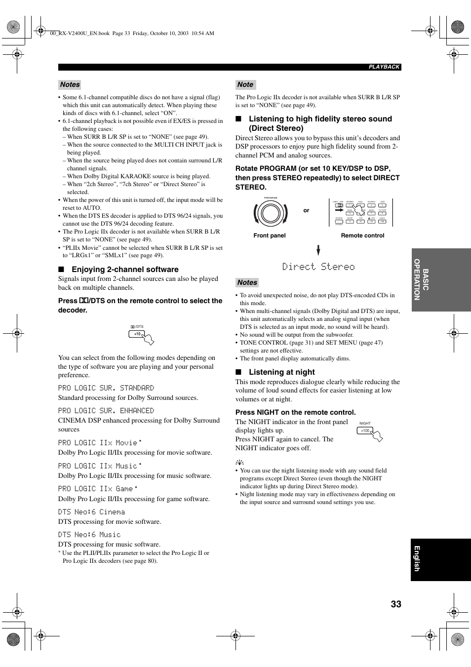 Direct stereo, Enjoying 2-channel software, Listening at night | English, Ba s ic opera t ion | Yamaha RX-V2400 User Manual | Page 37 / 94