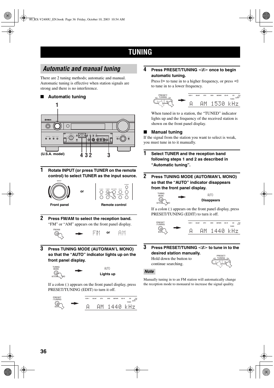 Tuning, Automatic and manual tuning, A~~ am ~ 1440 khz | A~~ am ~ 1530 khz | Yamaha RX-V2400 User Manual | Page 40 / 94