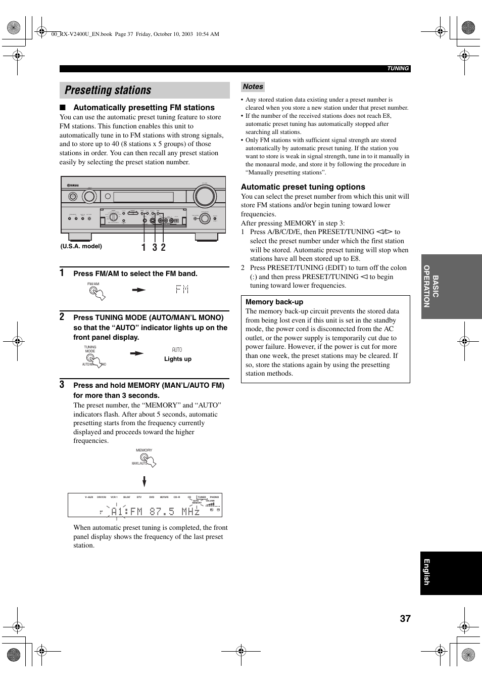 Presetting stations, A 1 : f m 8 7 . 5 m h z | Yamaha RX-V2400 User Manual | Page 41 / 94