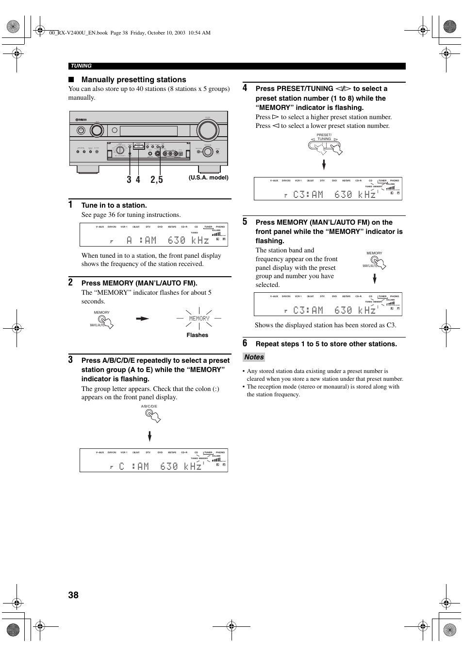 A :am 630 khz, C : a m 6 3 0 k h z, C 3 : a m 6 3 0 k h z | Manually presetting stations, Repeat steps 1 to 5 to store other stations, Shows the displayed station has been stored as c3 | Yamaha RX-V2400 User Manual | Page 42 / 94