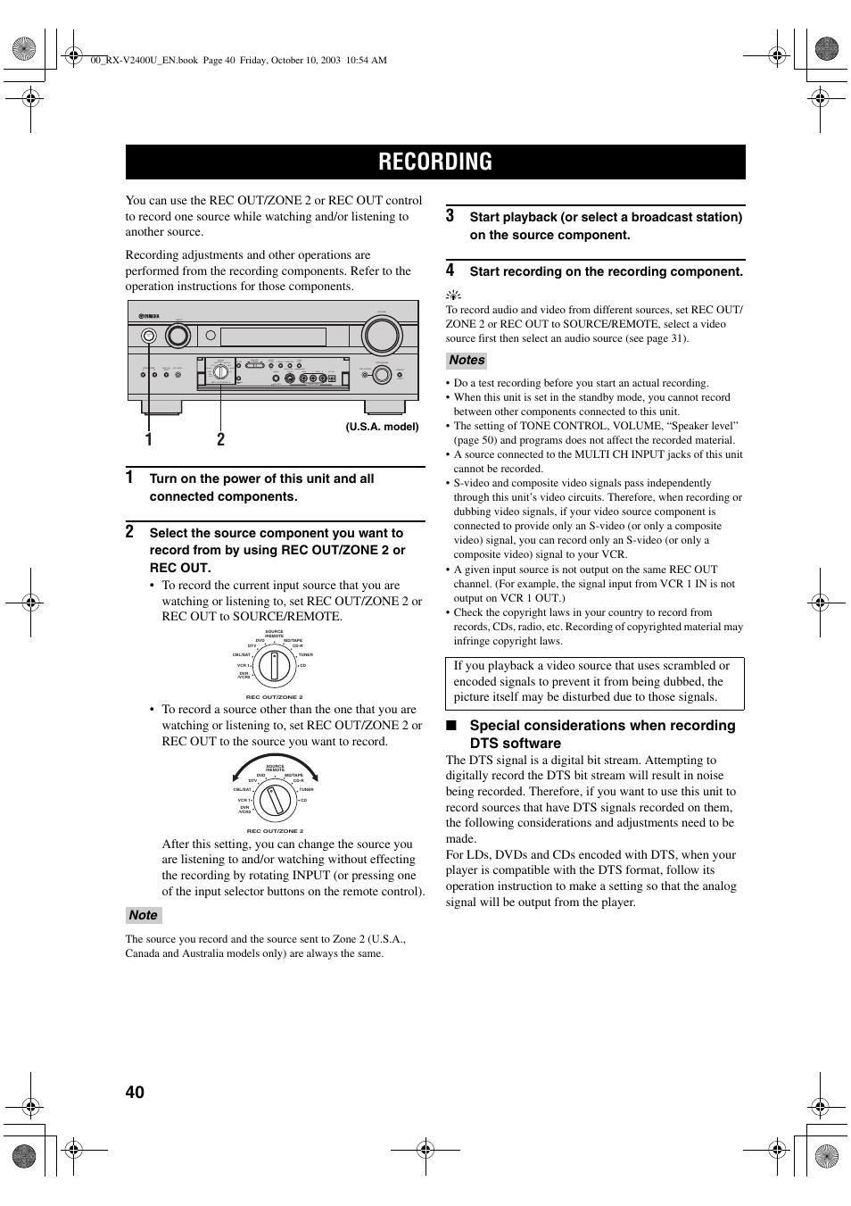 Recording | Yamaha RX-V2400 User Manual | Page 44 / 94