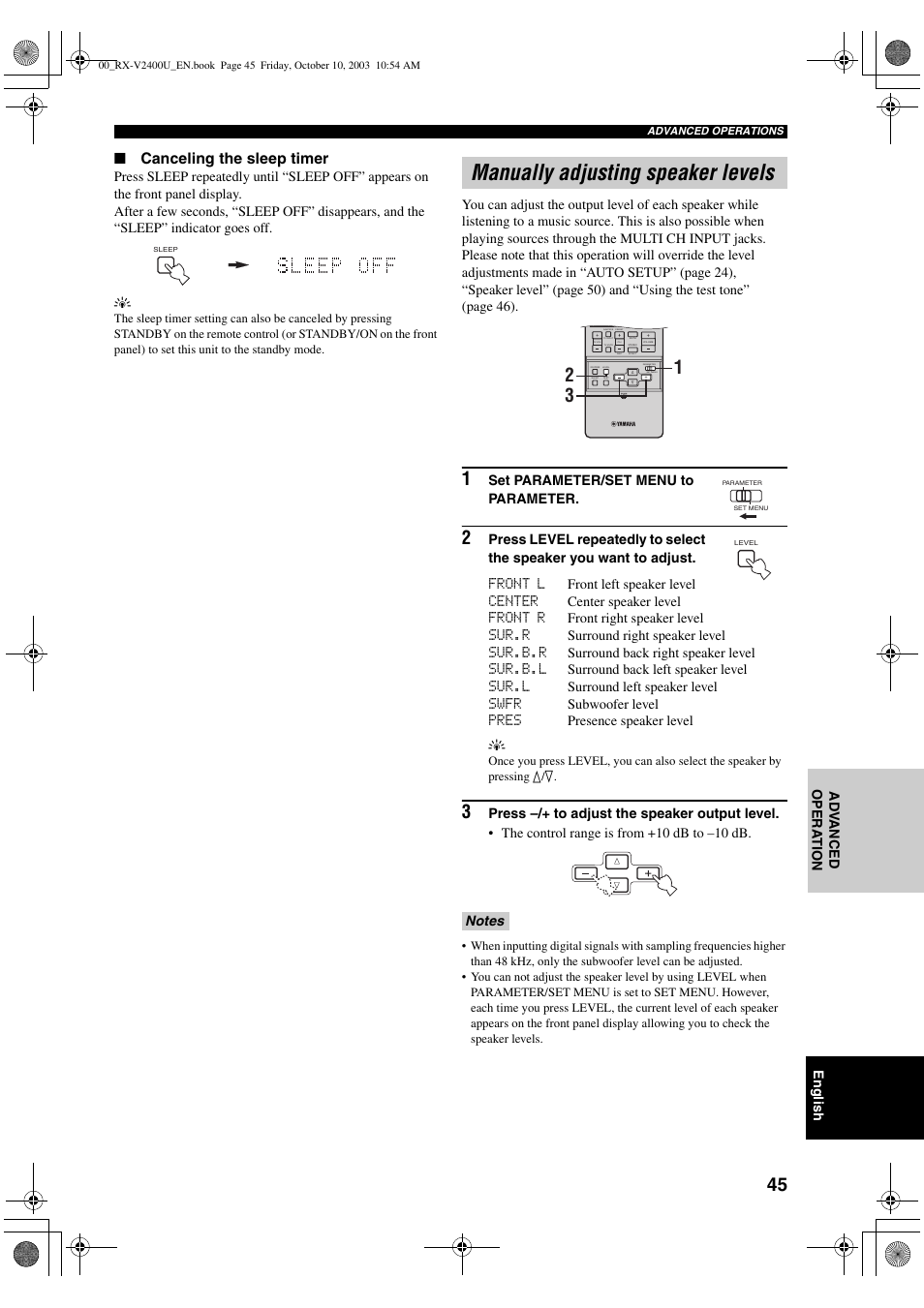 Manually adjusting speaker levels, Canceling the sleep timer | Yamaha RX-V2400 User Manual | Page 49 / 94