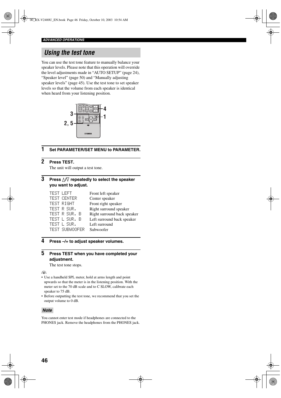 Using the test tone | Yamaha RX-V2400 User Manual | Page 50 / 94