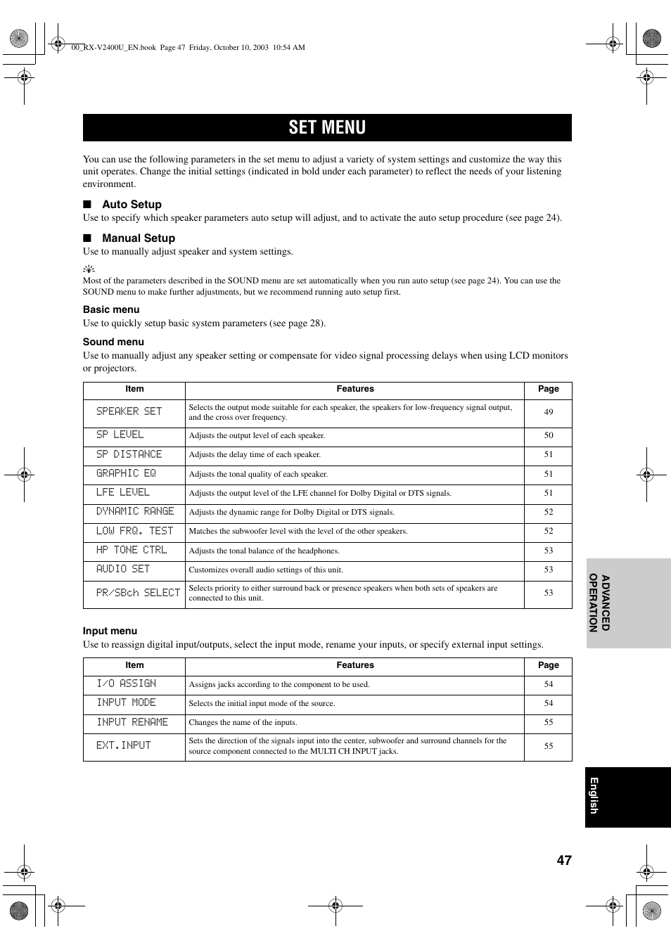 Set menu | Yamaha RX-V2400 User Manual | Page 51 / 94