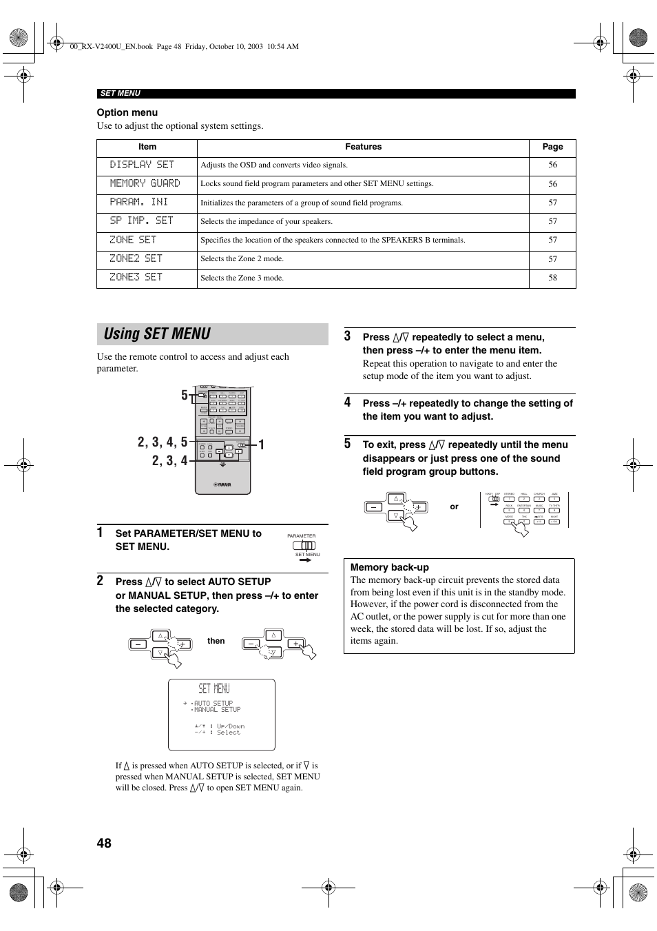 Using set menu, Set menu, Set parameter/set menu to set menu | Display set, Param. ini, Sp imp. set, Zone set, Zone2 set, Zone3 set, Item features page | Yamaha RX-V2400 User Manual | Page 52 / 94