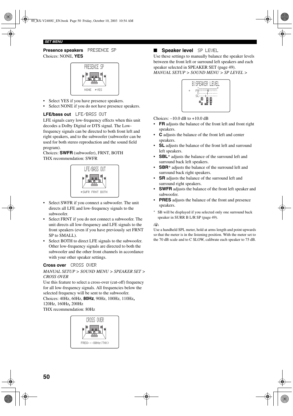 Presence sp, Lfe/bass out, Cross over | B)speaker level | Yamaha RX-V2400 User Manual | Page 54 / 94