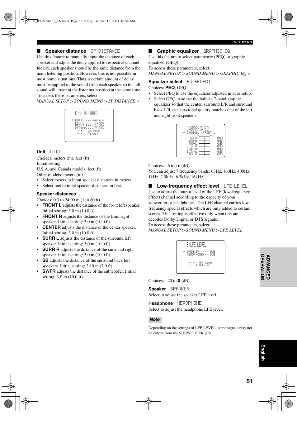 C)sp distance, D)graphic eq, E)lfe level | Yamaha RX-V2400 User Manual | Page 55 / 94