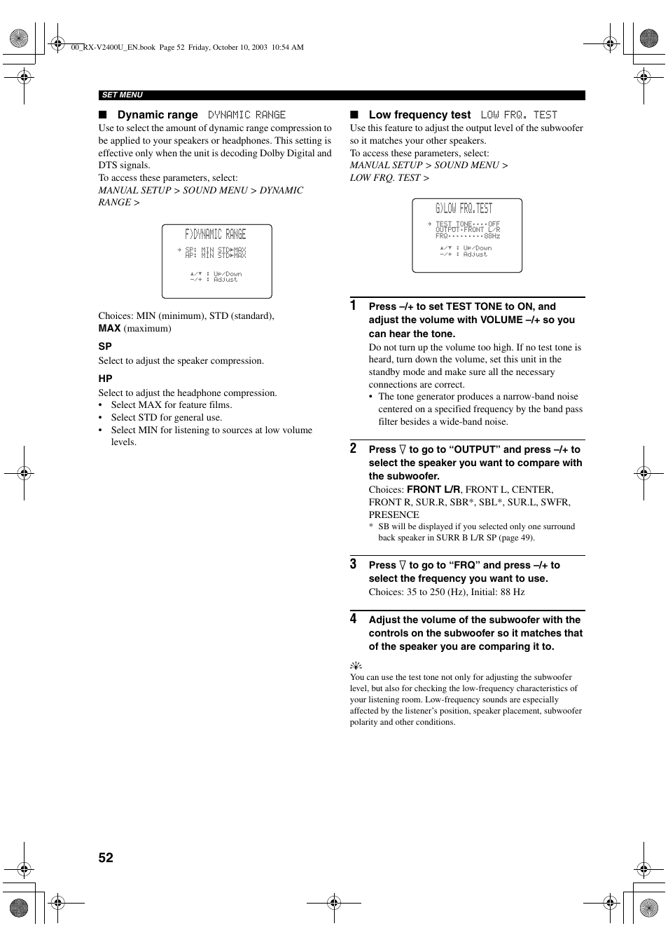 F)dynamic range, G)low frq.test | Yamaha RX-V2400 User Manual | Page 56 / 94