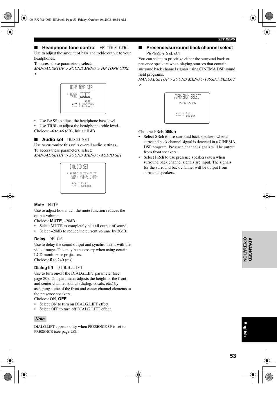 H)hp tone ctrl, I)audio set, J)pr/sbch select | Yamaha RX-V2400 User Manual | Page 57 / 94