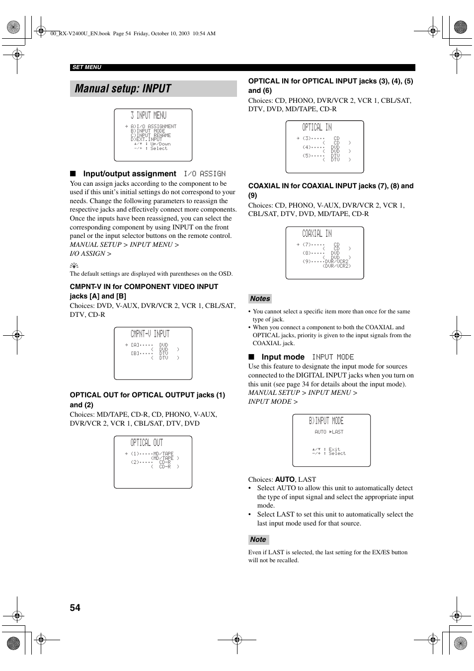 Manual setup: input, 3 input menu, Cmpnt-v input | Optical out, Optical in, Coaxial in, B)input mode, Input/output assignment, Input mode | Yamaha RX-V2400 User Manual | Page 58 / 94