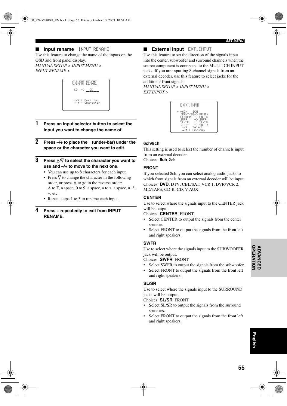 C)input rename, D)ext.input | Yamaha RX-V2400 User Manual | Page 59 / 94