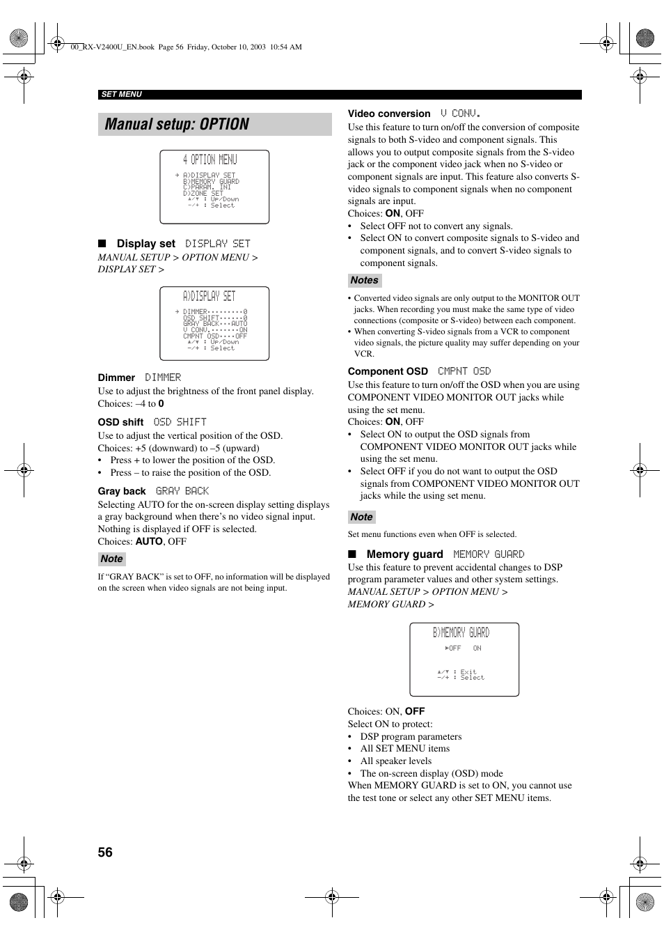 Manual setup: option, 4 option menu, A)display set | Yamaha RX-V2400 User Manual | Page 60 / 94