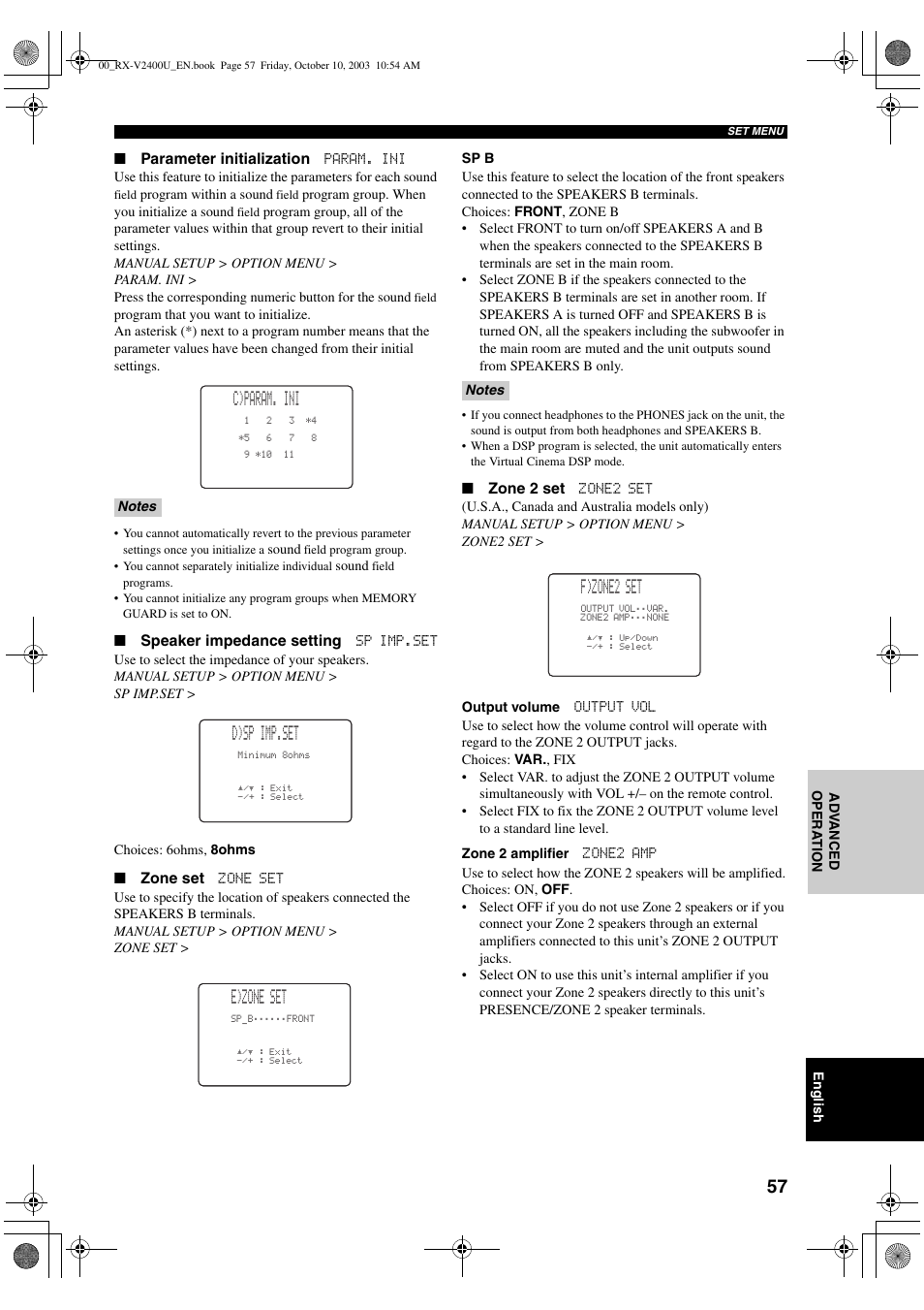 C)param. ini, D)sp imp.set, E)zone set | F)zone2 set | Yamaha RX-V2400 User Manual | Page 61 / 94