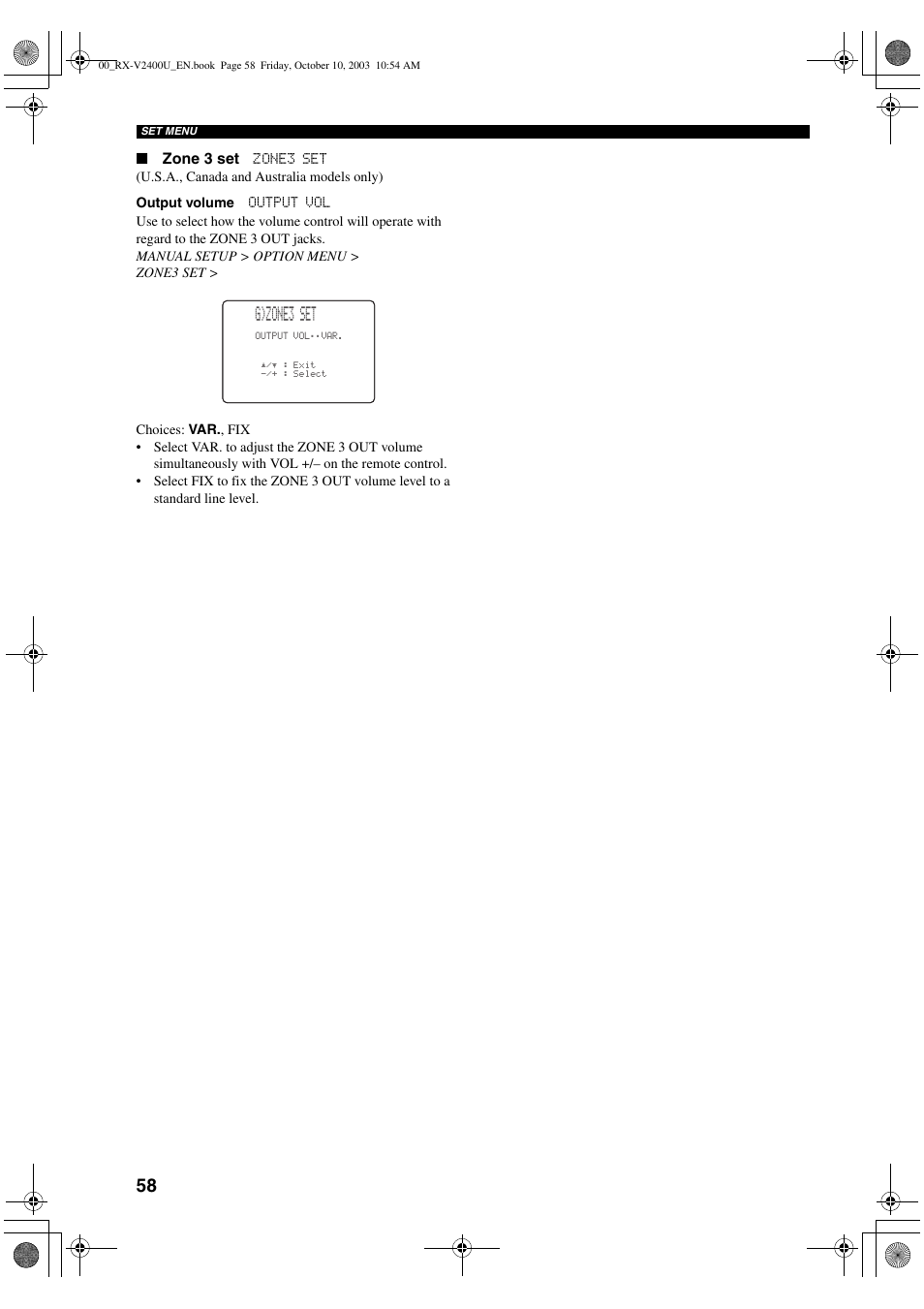 G)zone3 set | Yamaha RX-V2400 User Manual | Page 62 / 94