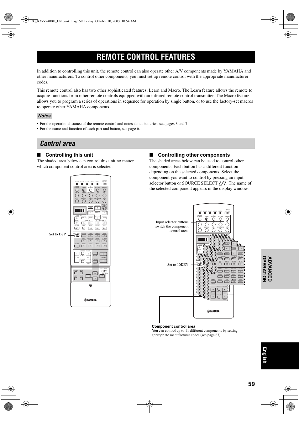 Remote control features, Control area, Controlling this unit | Controlling other components, Set to dsp | Yamaha RX-V2400 User Manual | Page 63 / 94