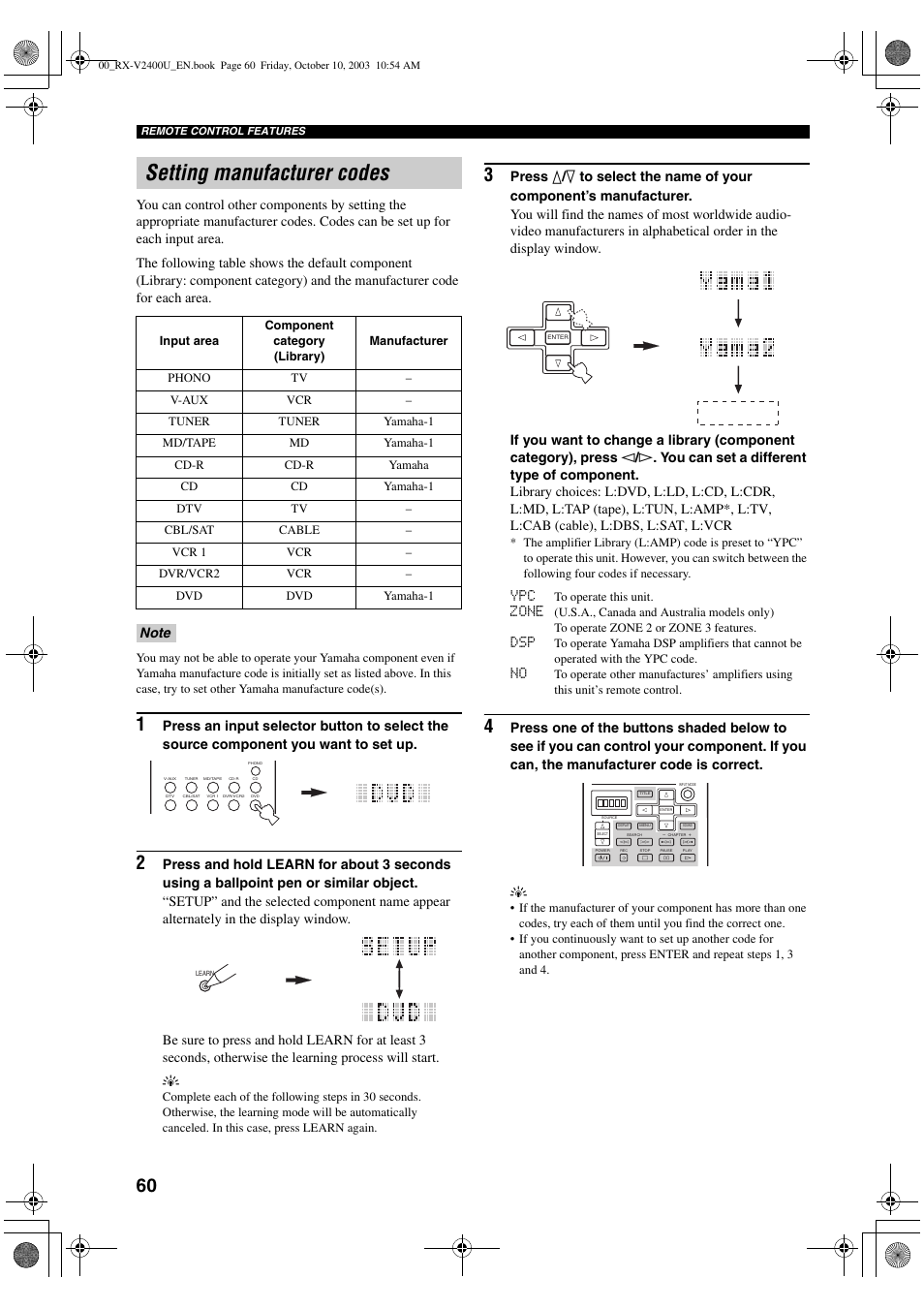 Setting manufacturer codes | Yamaha RX-V2400 User Manual | Page 64 / 94