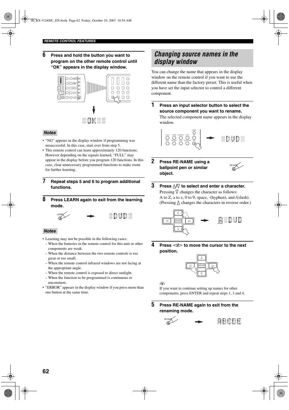 Changing source names in the display window, Press learn again to exit from the learning mode | Yamaha RX-V2400 User Manual | Page 66 / 94
