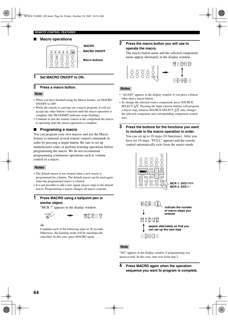 Macro operations, Programing a macro, Set macro on/off to on | Press a macro button, Macro macro on/off macro buttons | Yamaha RX-V2400 User Manual | Page 68 / 94