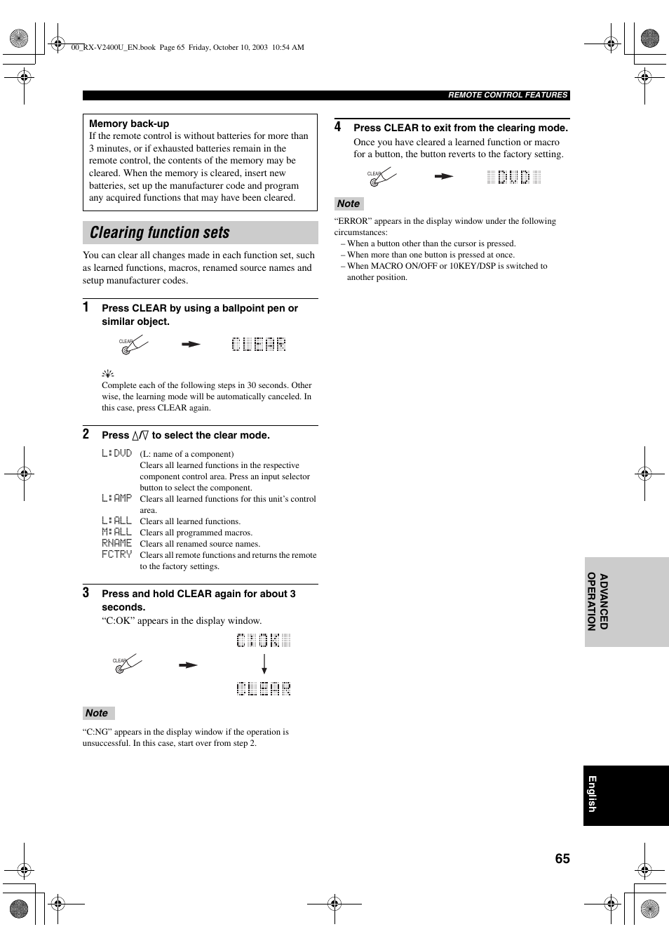 Clearing function sets | Yamaha RX-V2400 User Manual | Page 69 / 94