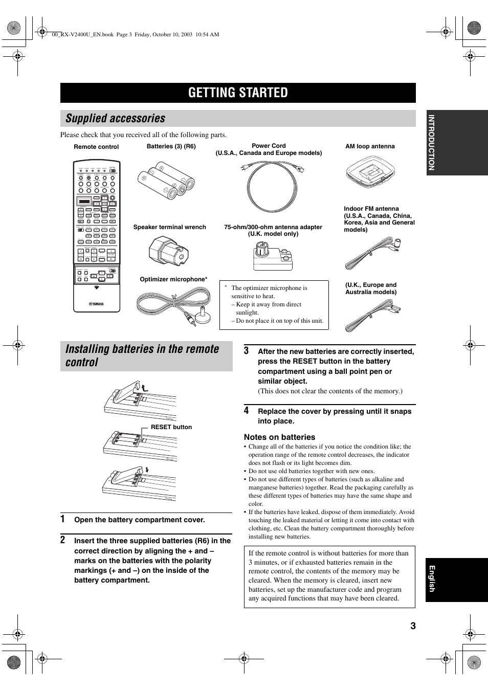 Getting started, Supplied accessories, Installing batteries in the remote control | Open the battery compartment cover, Reset button | Yamaha RX-V2400 User Manual | Page 7 / 94