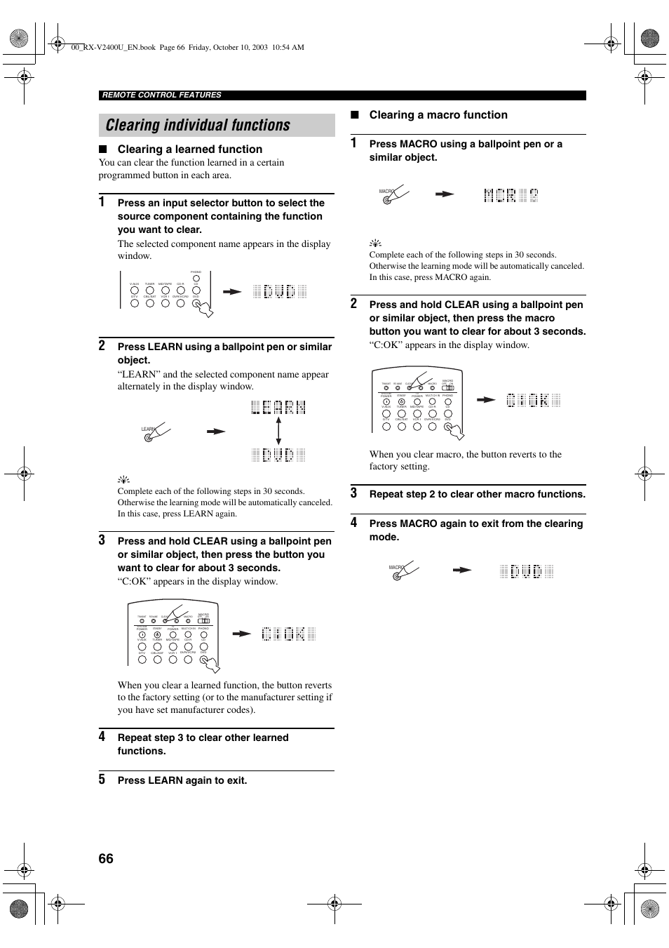 Clearing individual functions, Clearing a learned function, Clearing a macro function | Repeat step 3 to clear other learned functions, Press learn again to exit, Repeat step 2 to clear other macro functions, Press macro again to exit from the clearing mode | Yamaha RX-V2400 User Manual | Page 70 / 94