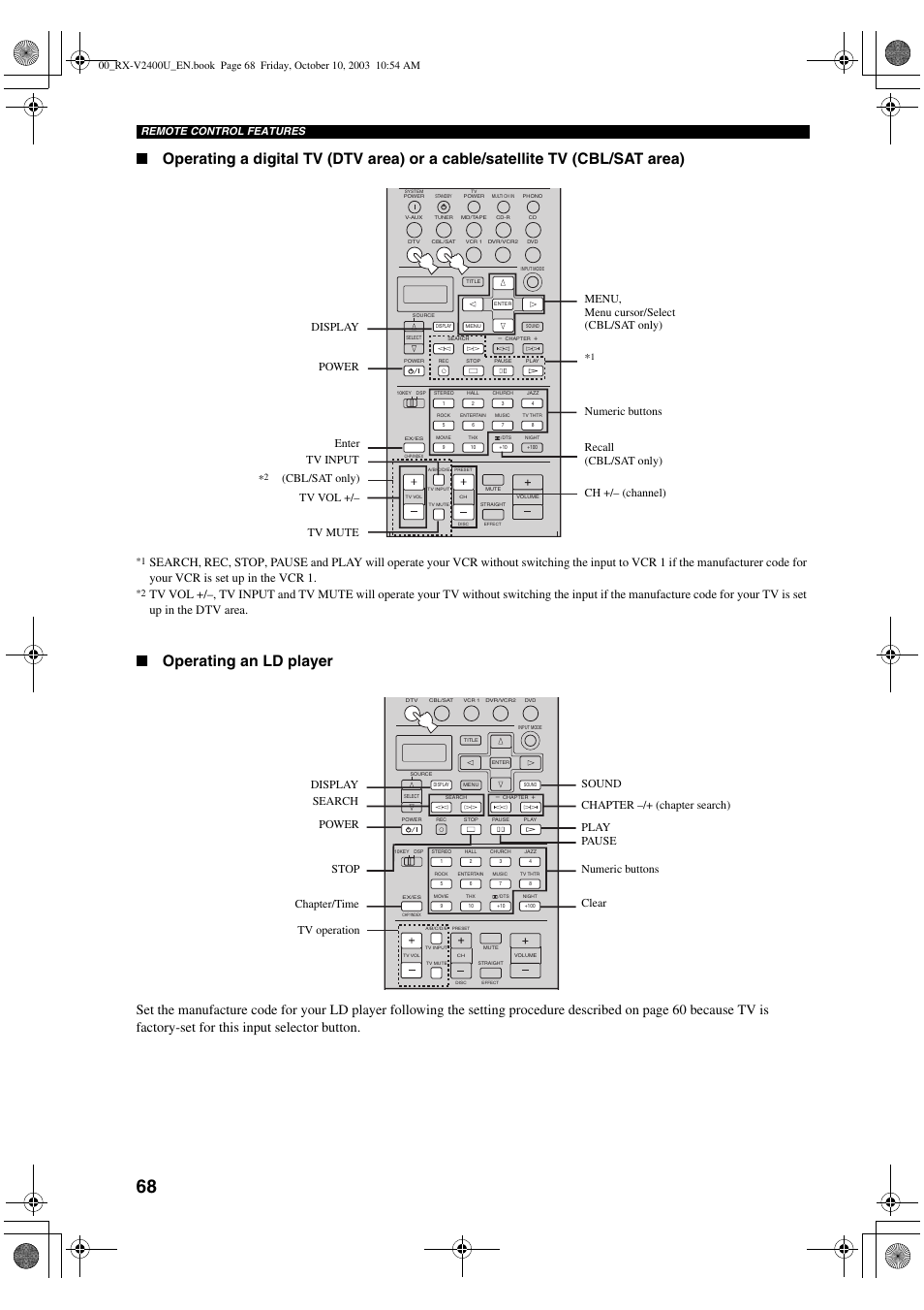 Operating an ld player, Display power enter tv vol +/– tv mute, Ch +/– (channel) | Remote control features | Yamaha RX-V2400 User Manual | Page 72 / 94