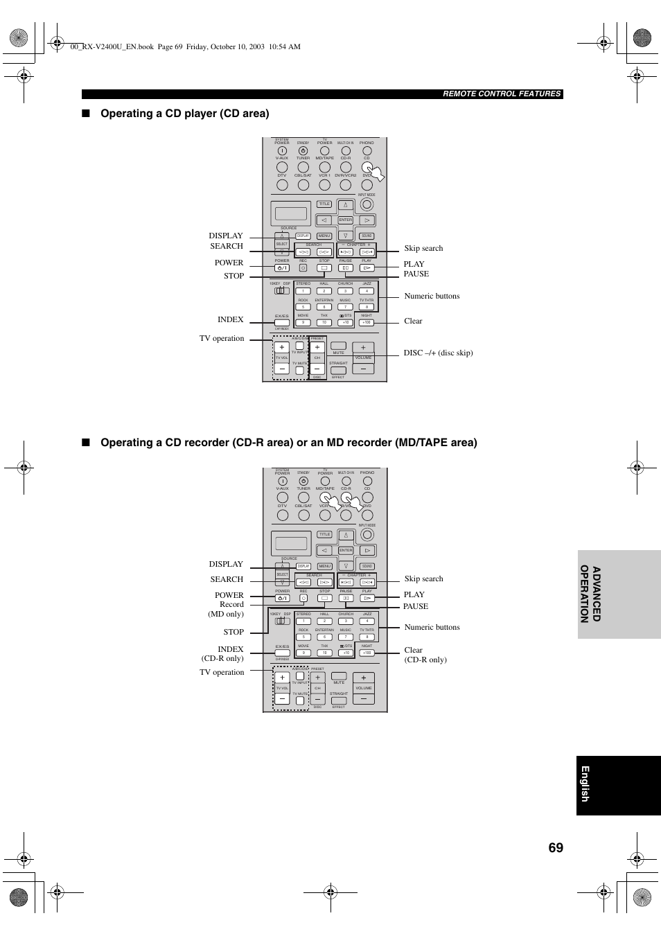 English, Ad v anced opera t ion, Remote control features | Yamaha RX-V2400 User Manual | Page 73 / 94