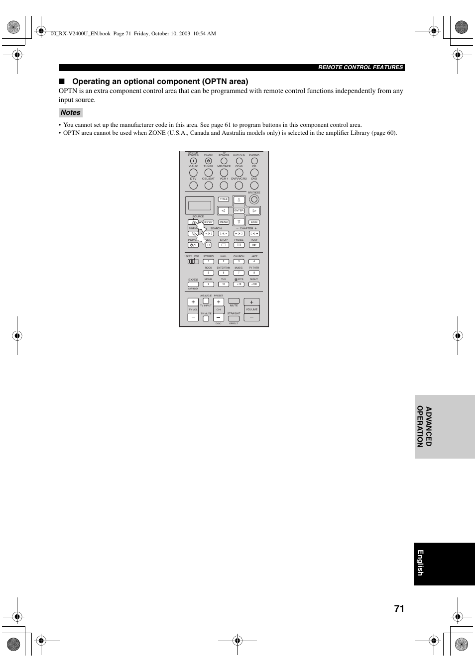 Operating an optional component (optn area), English, Ad v anced opera t ion | Remote control features | Yamaha RX-V2400 User Manual | Page 75 / 94