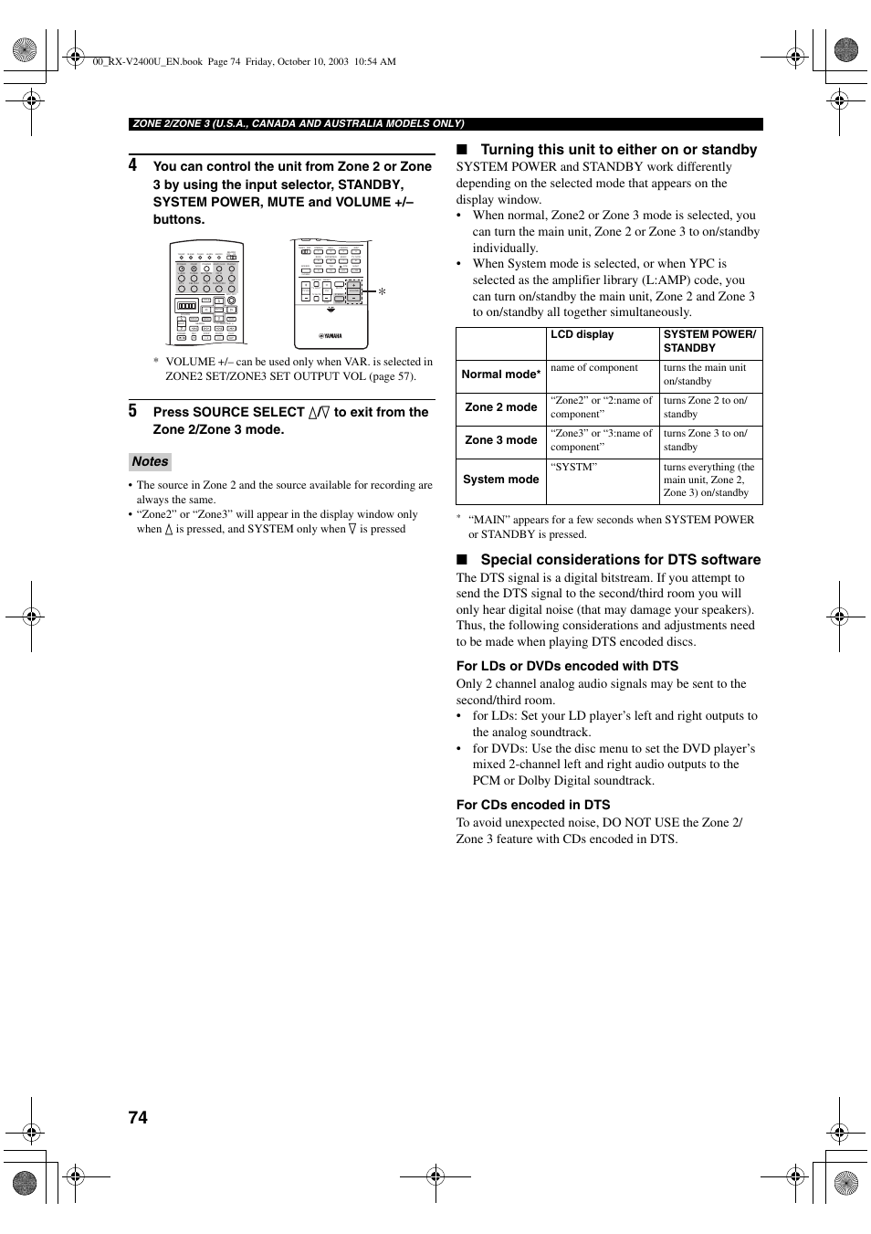 Turning this unit to either on or standby, Special considerations for dts software | Yamaha RX-V2400 User Manual | Page 78 / 94