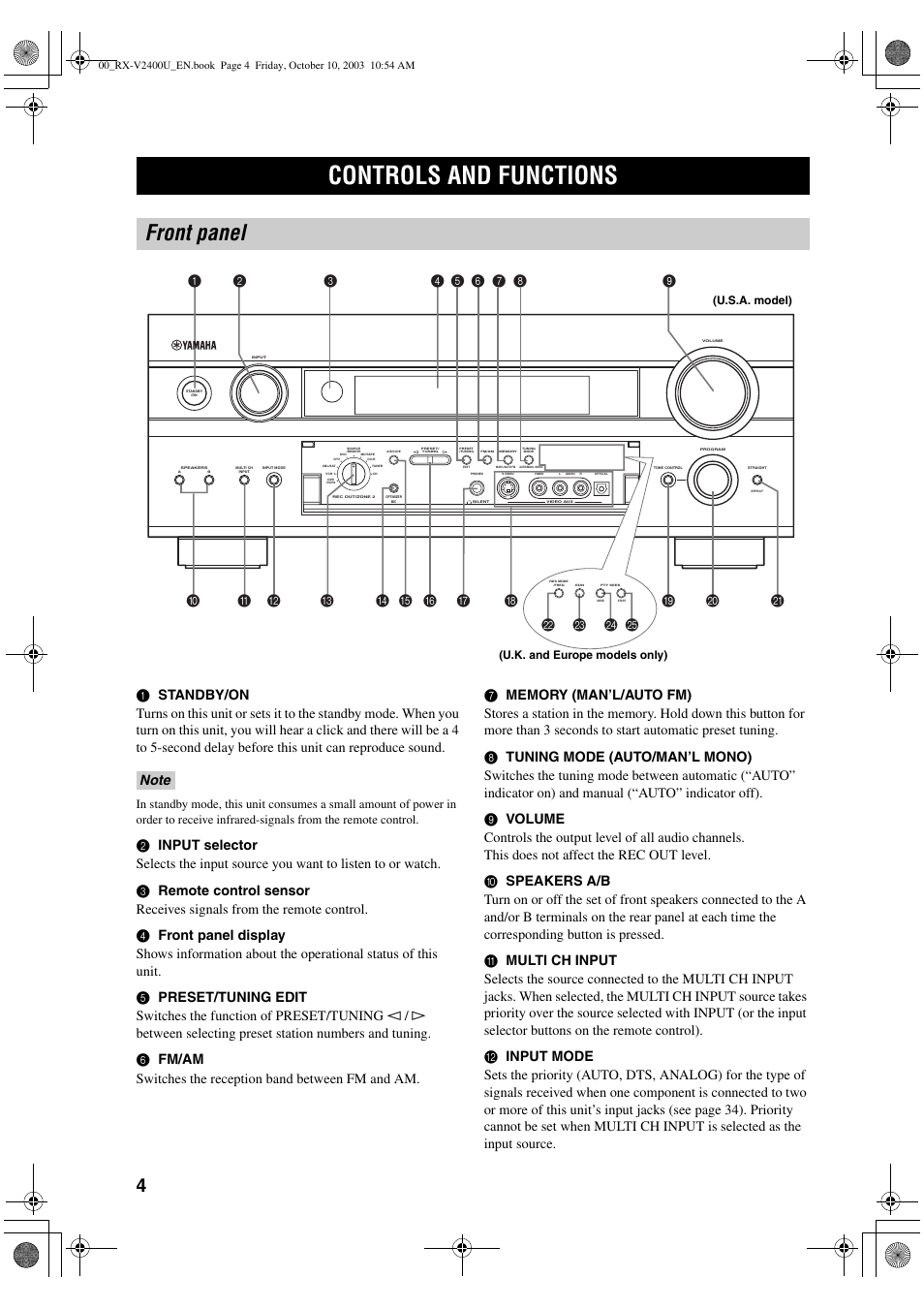 Controls and functions, Front panel | Yamaha RX-V2400 User Manual | Page 8 / 94