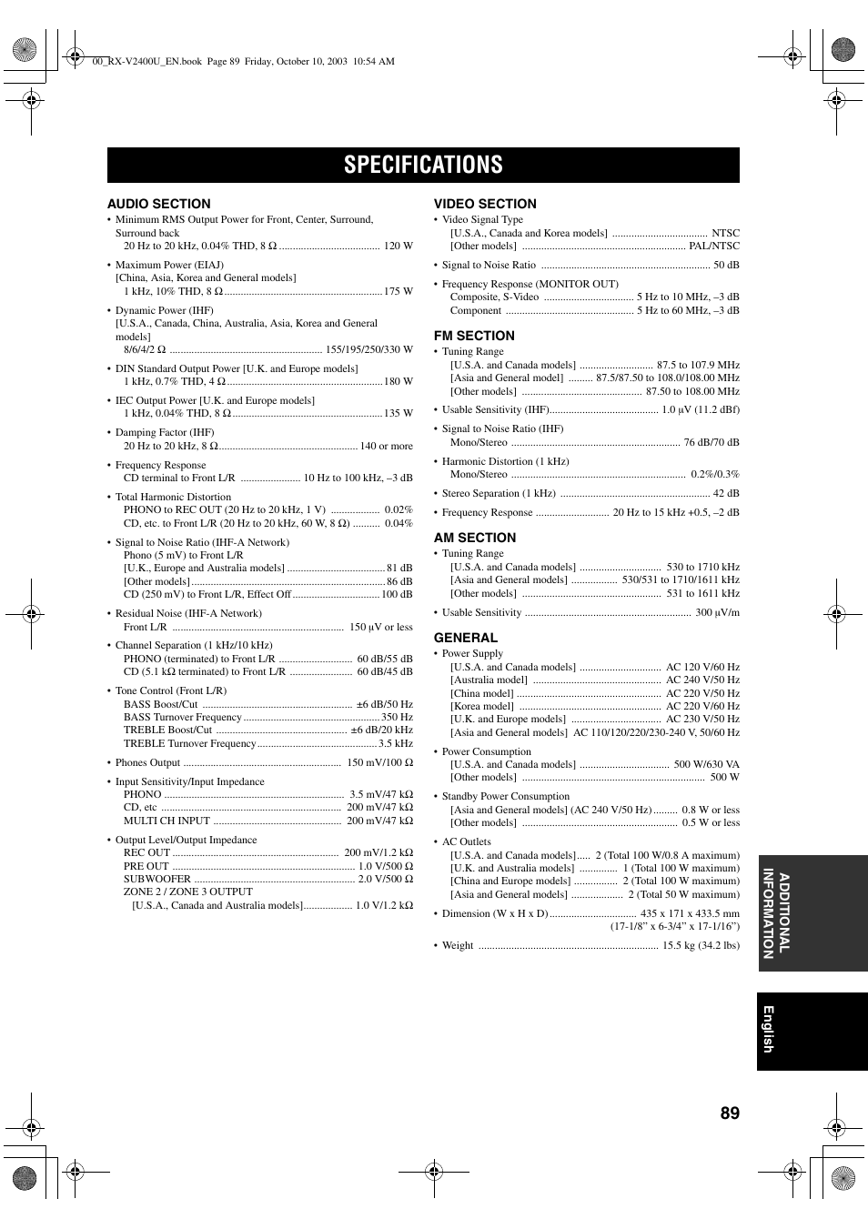 Specifications | Yamaha RX-V2400 User Manual | Page 93 / 94