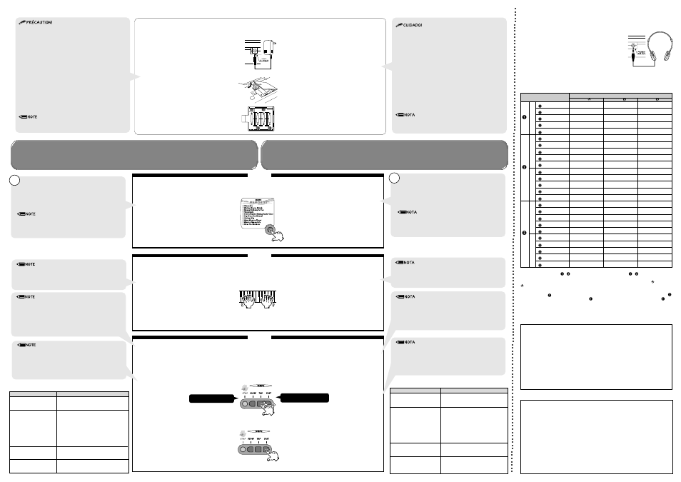 Ecoutez et jouez, Vamos a escu- char y a tocar, Reproduisez le morceau “mickey mouse march | Empieza la marcha “mickey mouse march, Utilisation du casque d’écoute, Liste des instruments/lista del instrumento, Empleo de auriculares, Alimentation ● alimentación, Especificaciones, Spécifications | Yamaha PortaSound PSS-14 User Manual | Page 2 / 4