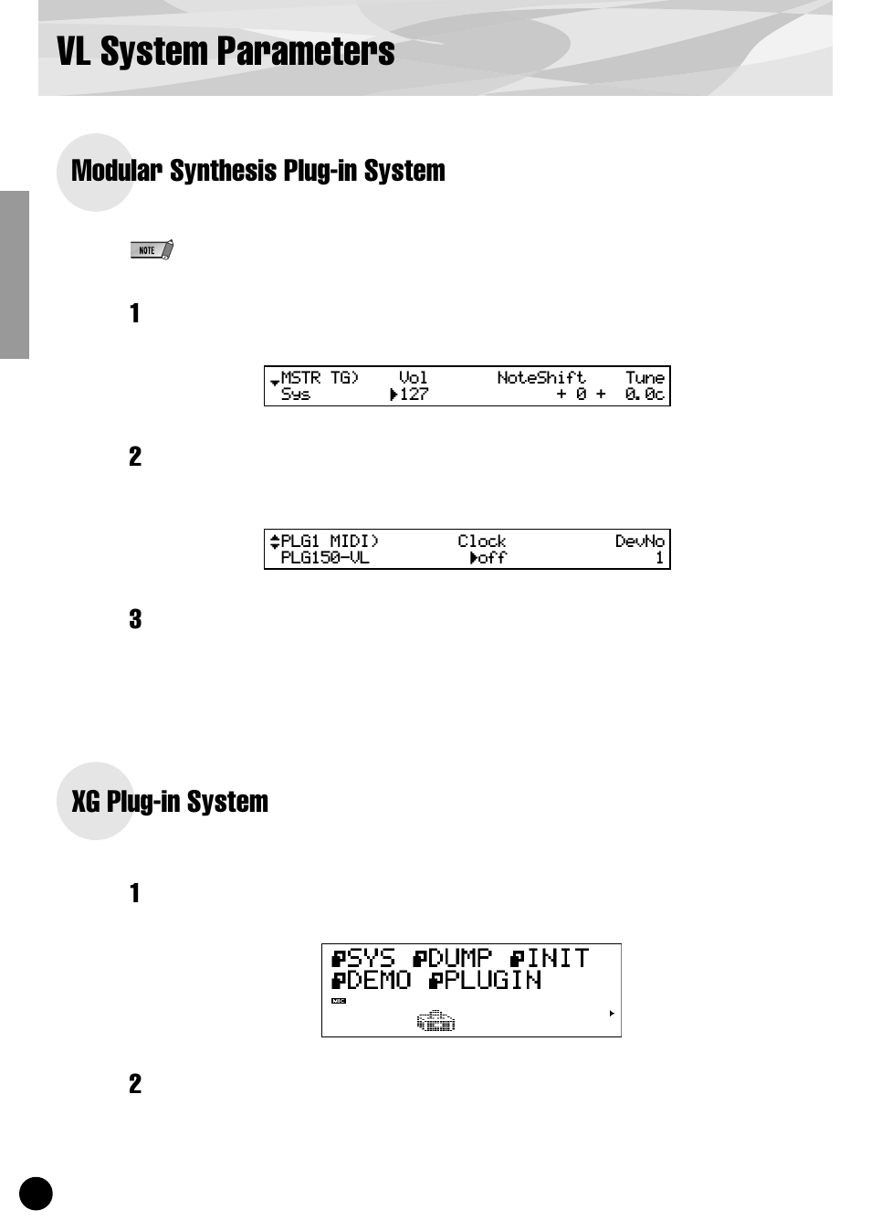 Vl system parameters, Modular synthesis plug-in system, Xg plug-in system | Yamaha PLG150-VL User Manual | Page 30 / 56