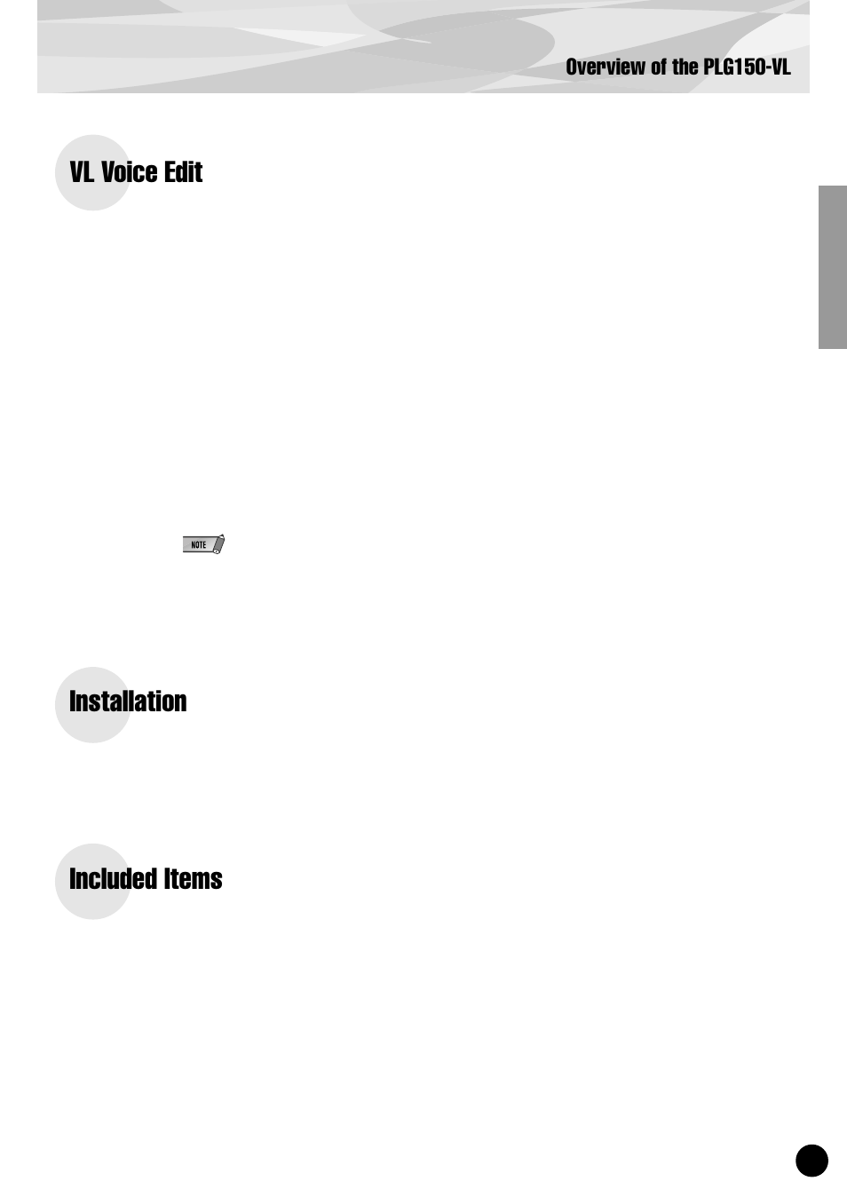 Vl voice edit, Installation, Included items | Overview of the plg150-vl | Yamaha PLG150-VL User Manual | Page 5 / 56