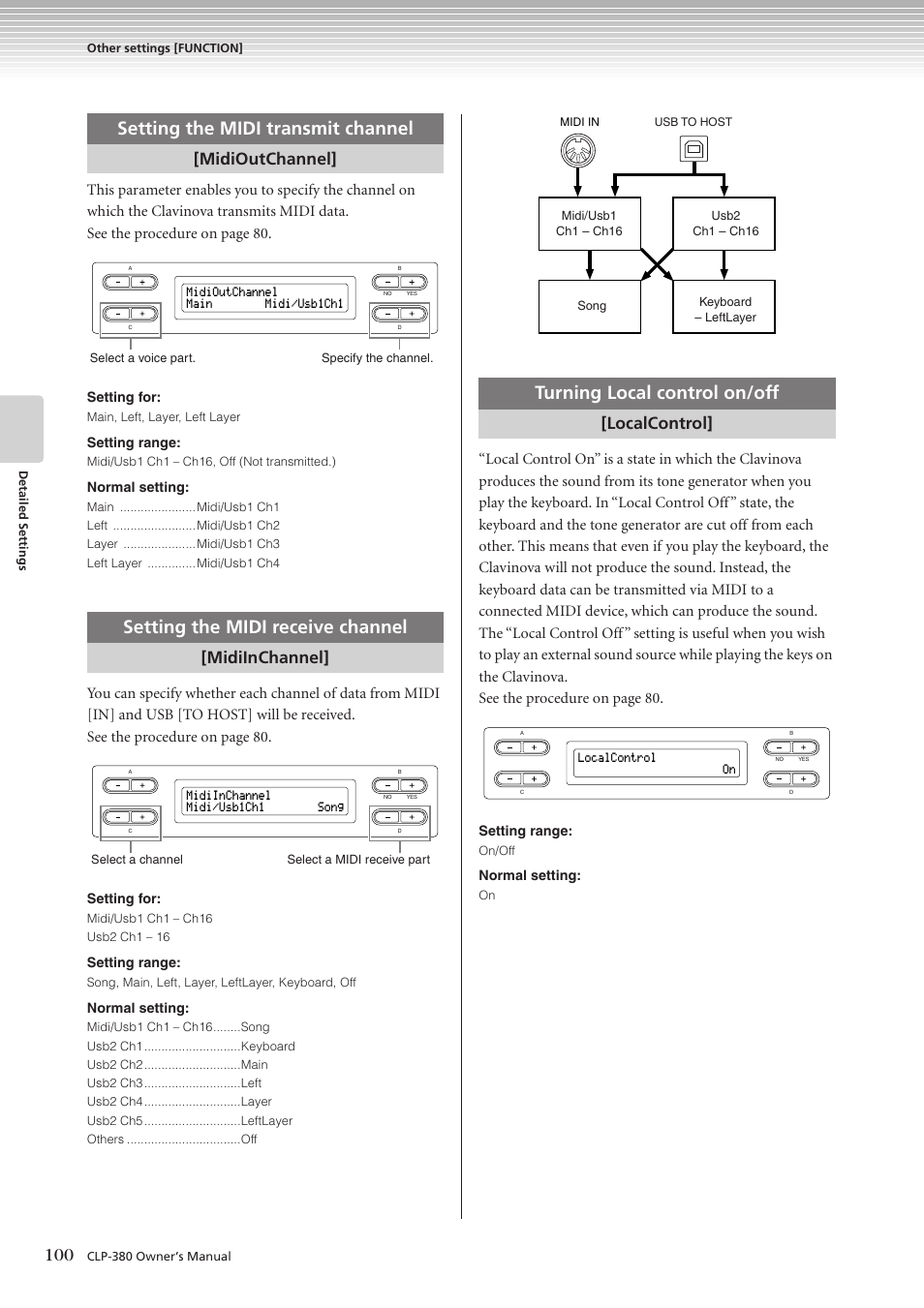 Setting the midi transmit channel, Setting the midi receive channel, Turning local control on/off | Midioutchannel, Midiinchannel, Localcontrol | Yamaha CLAVINOVA C L P - 3 8 0 User Manual | Page 100 / 136