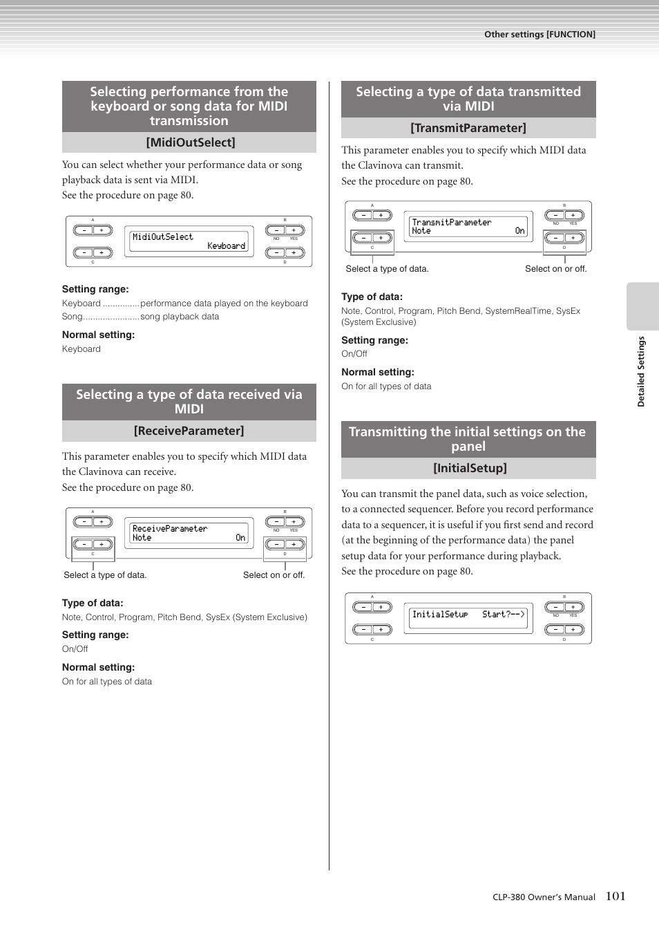 Selecting a type of data received via midi, Selecting a type of data transmitted via midi, Transmitting the initial settings on the panel | Midioutselect, Receiveparameter, Transmitparameter, Initialsetup | Yamaha CLAVINOVA C L P - 3 8 0 User Manual | Page 101 / 136