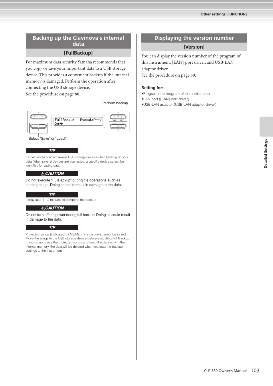 Backing up the clavinova's internal data, Displaying the version number, Fullbackup | Version | Yamaha CLAVINOVA C L P - 3 8 0 User Manual | Page 103 / 136