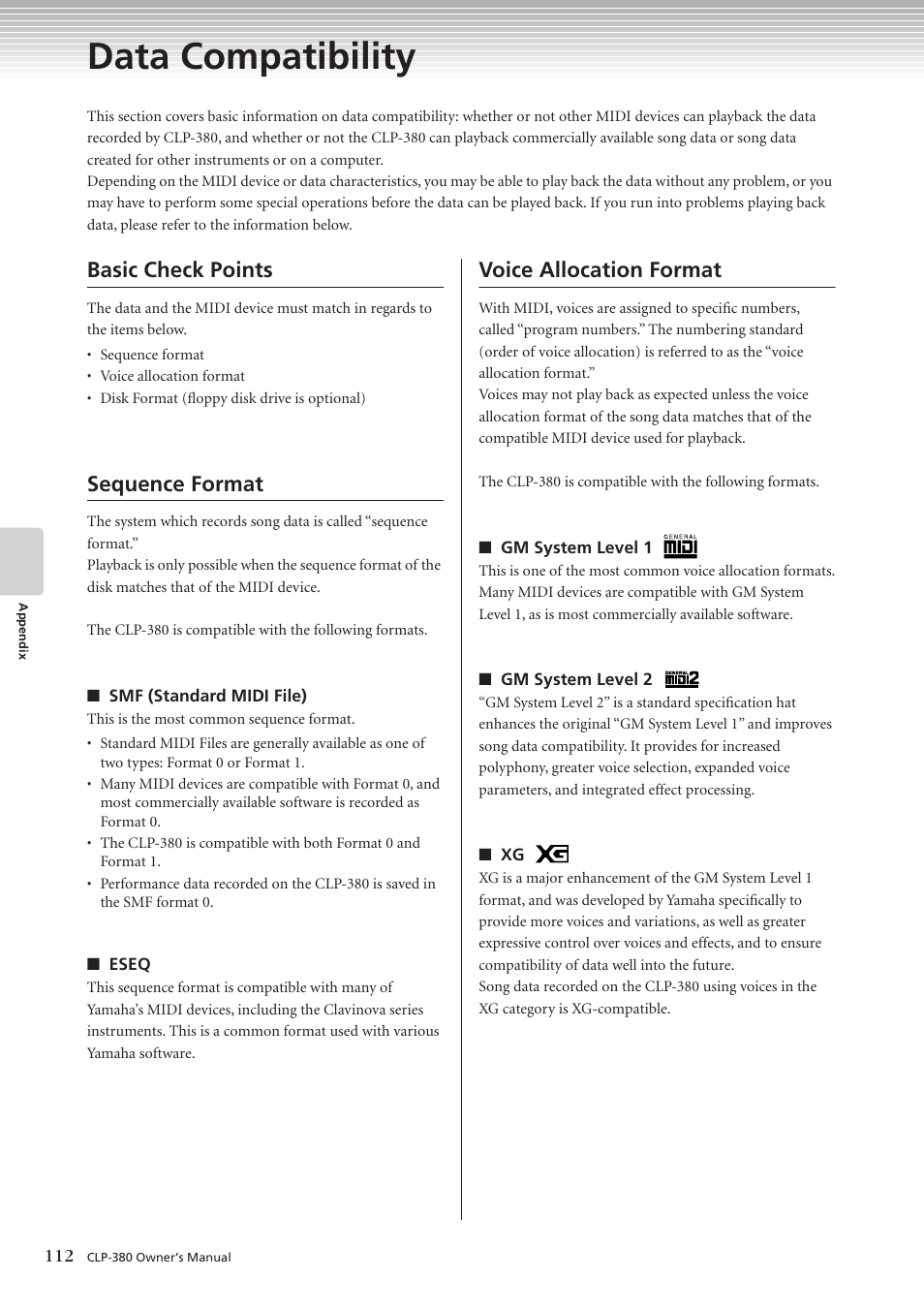 Data compatibility, Basic check points, Sequence format | Voice allocation format | Yamaha CLAVINOVA C L P - 3 8 0 User Manual | Page 112 / 136