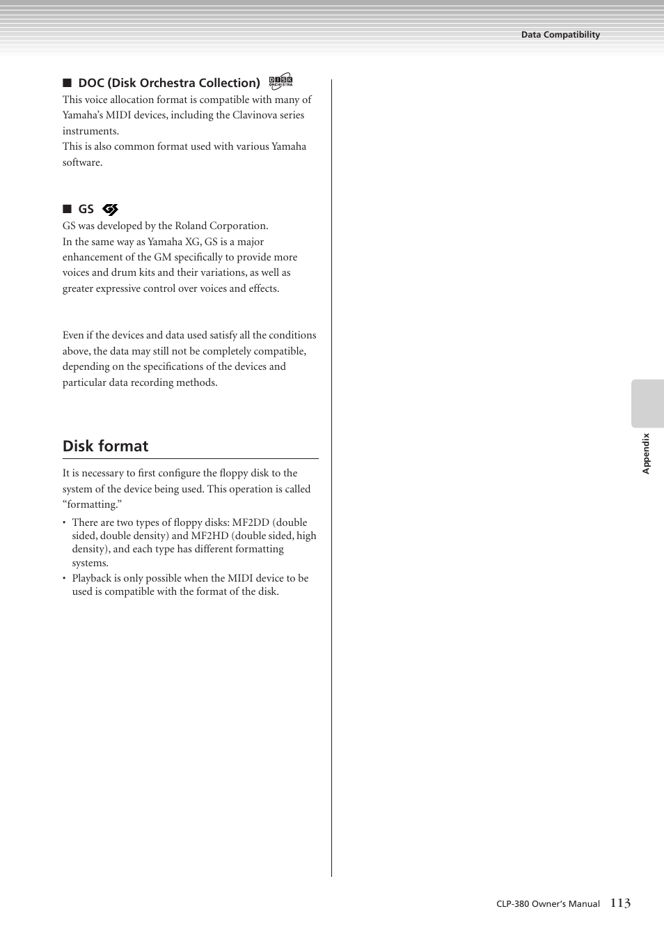 Disk format | Yamaha CLAVINOVA C L P - 3 8 0 User Manual | Page 113 / 136