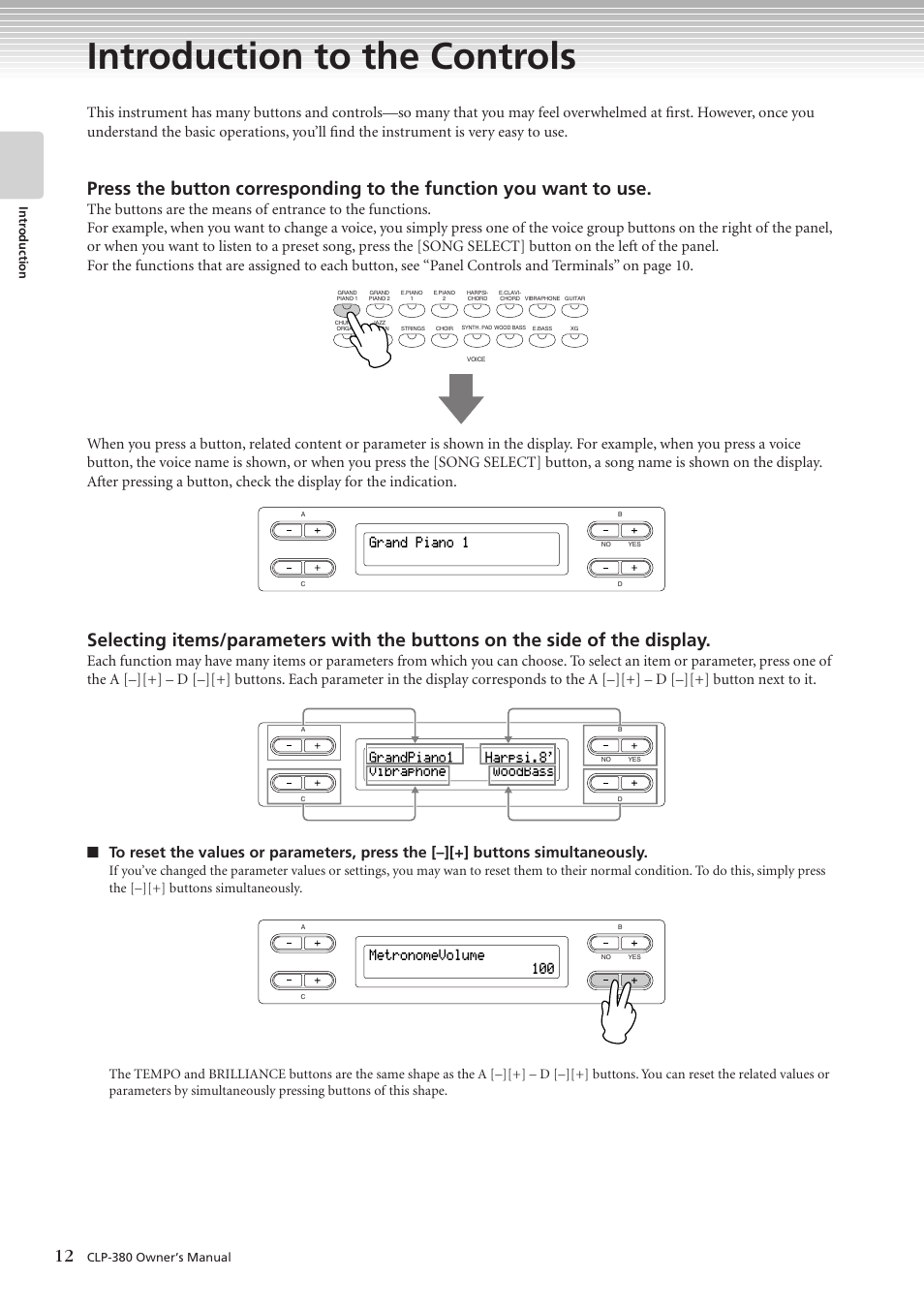 Introduction to the controls, Grand piano 1, Grandpiano1 harpsi.8' vibraphone woodbass | Metronomevolume 100 | Yamaha CLAVINOVA C L P - 3 8 0 User Manual | Page 12 / 136