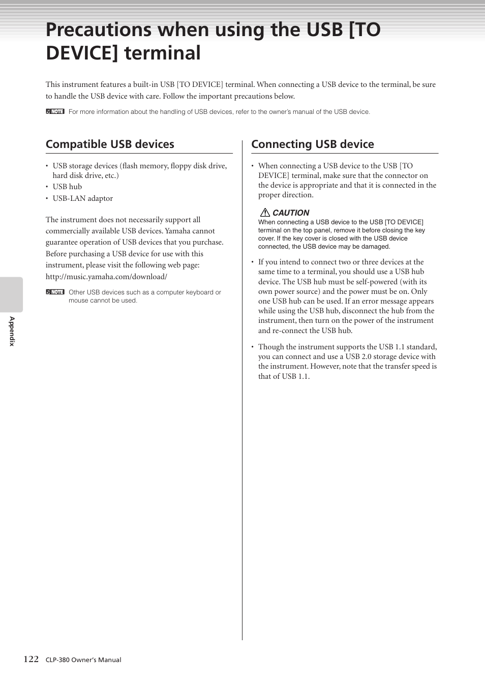 Compatible usb devices, Connecting usb device | Yamaha CLAVINOVA C L P - 3 8 0 User Manual | Page 122 / 136