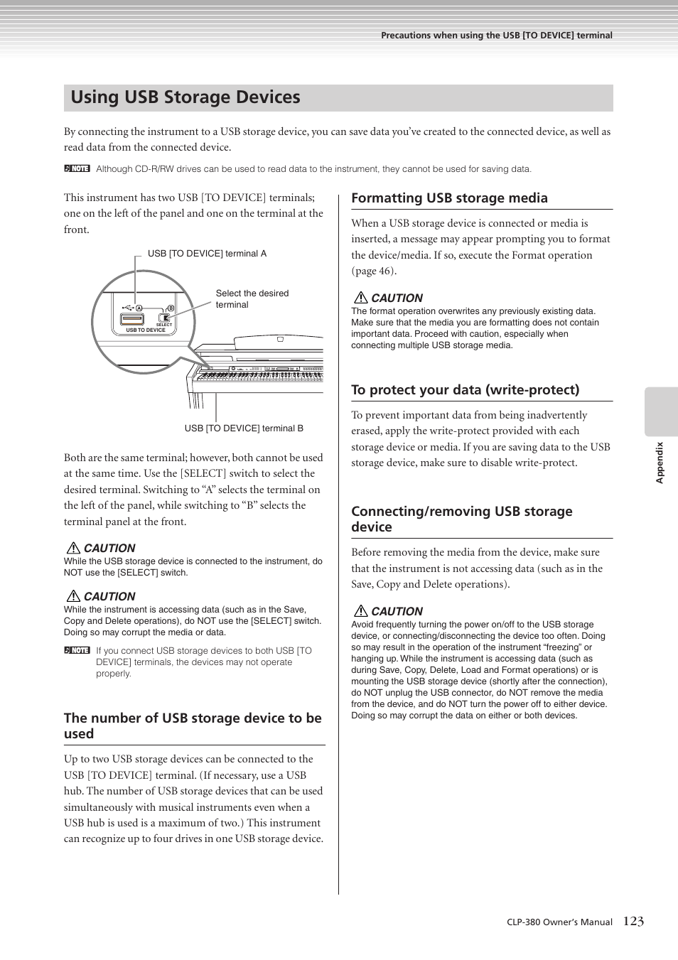 Using usb storage devices, The number of usb storage device to be used, Formatting usb storage media | Connecting/removing usb storage device | Yamaha CLAVINOVA C L P - 3 8 0 User Manual | Page 123 / 136