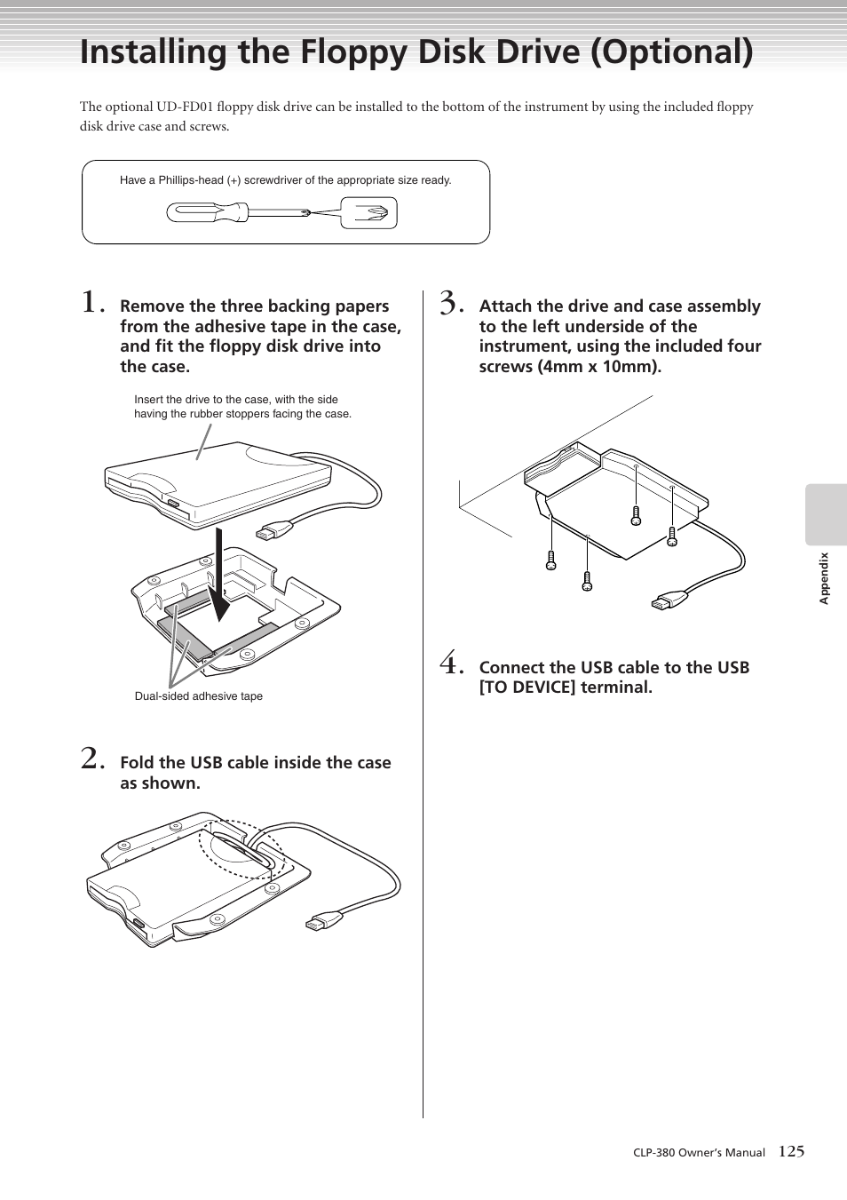 Installing the floppy disk drive (optional) | Yamaha CLAVINOVA C L P - 3 8 0 User Manual | Page 125 / 136